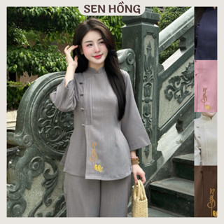 Pháp Phục Phật Tử - Set đồ lam đi chùa thêu chữ thư pháp, chất liệu đũi dày dặn đứng phom G41