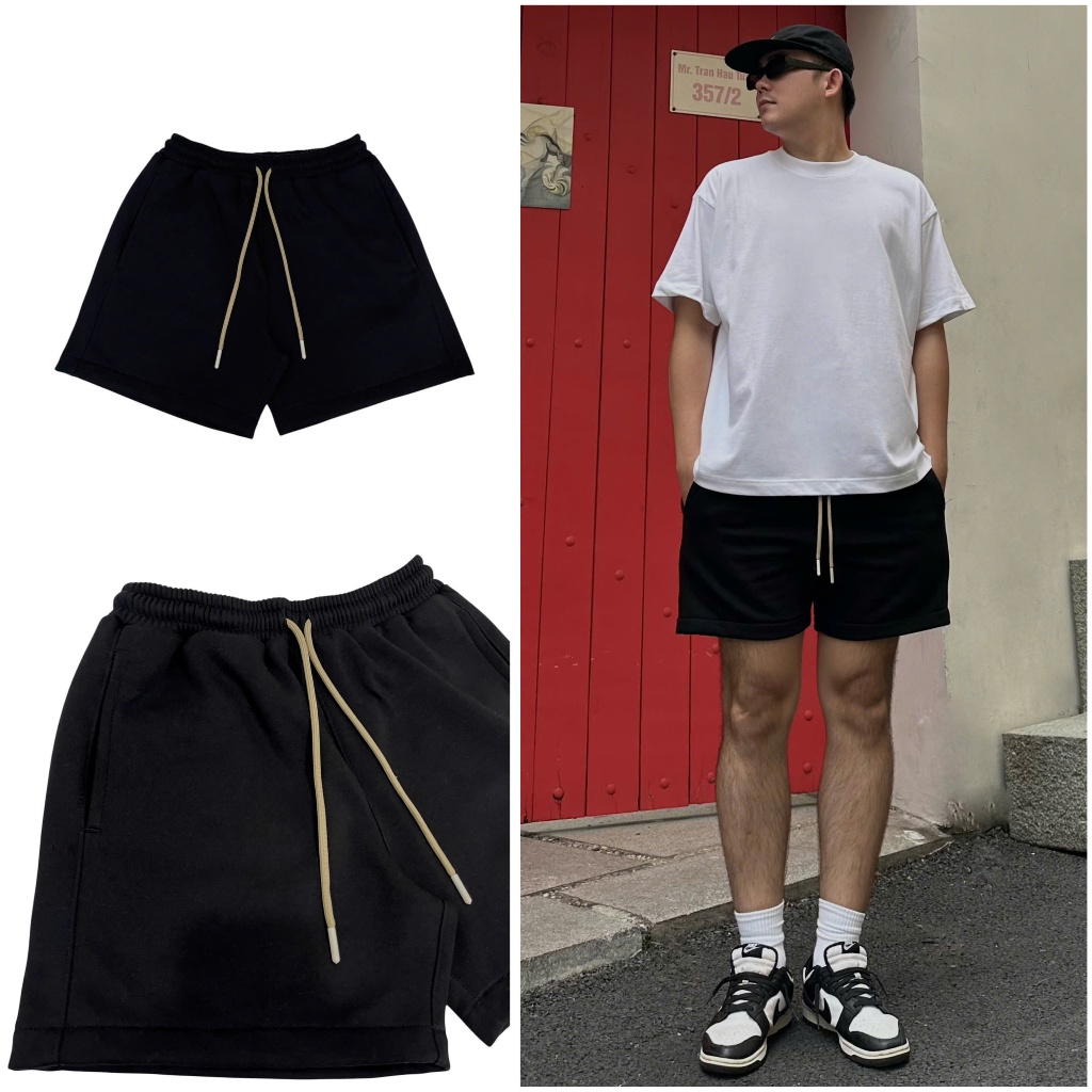 Quần short đùi nam nữ thun nỉ bông V2 cotton trơn basic EWIGEN màu ĐEN , thể thao , đứng form , gọn 