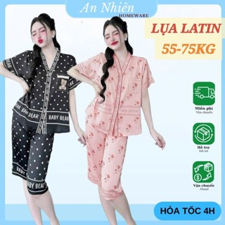    50-75 KG   Bộ mặc nhà pijama cổ V quần lửng bigsize vải lụa in họa tiết sang chảnh vải mịn mát 