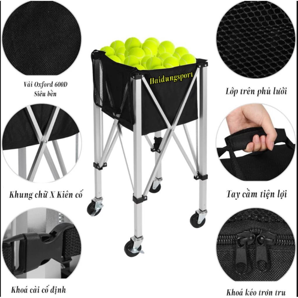 Xe Đẩy Đa Năng Hợp Kim Nhôm Có Thể Gấp Gọn Đựng Bóng Tennis, Pickleball, Cầu Lông, Bóng Bàn