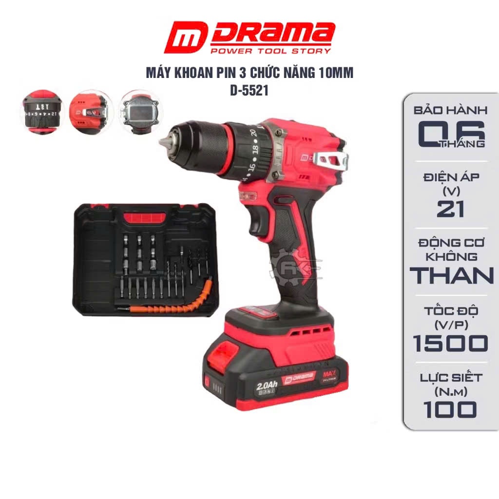 Máy Khoan Pin DRAMA D-5521 10 Ly, 3 Chức Năng, Autolock Có Khóa Trục, Động Cơ Không Chổi Than