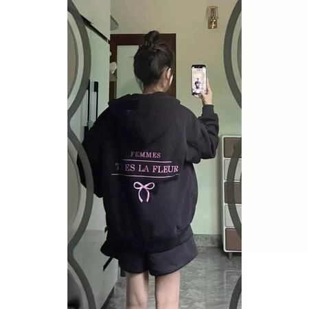 Áo Hoodie Zip Nỉ Form Rộng Unisex Có Nón – In Chữ FEMMES Nơ Hồng Thời Trang Hàn Quốc