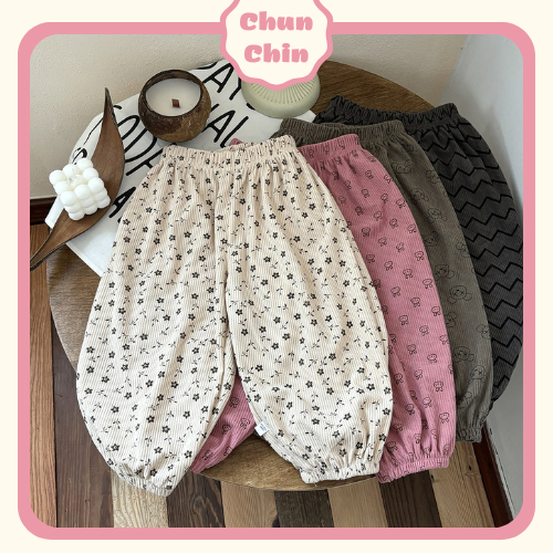  Q009 Chun Chin | Quần Nhung Tăm Jogger Bo Gấu Hoạ Tiết Cho Bé Trai Và Bé Gái 8-27kg 