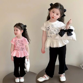 Bộ hoạt hình kitty may viền, quần ống loe dáng điệu cho bé gái, vải cotton, size 12-35 kg