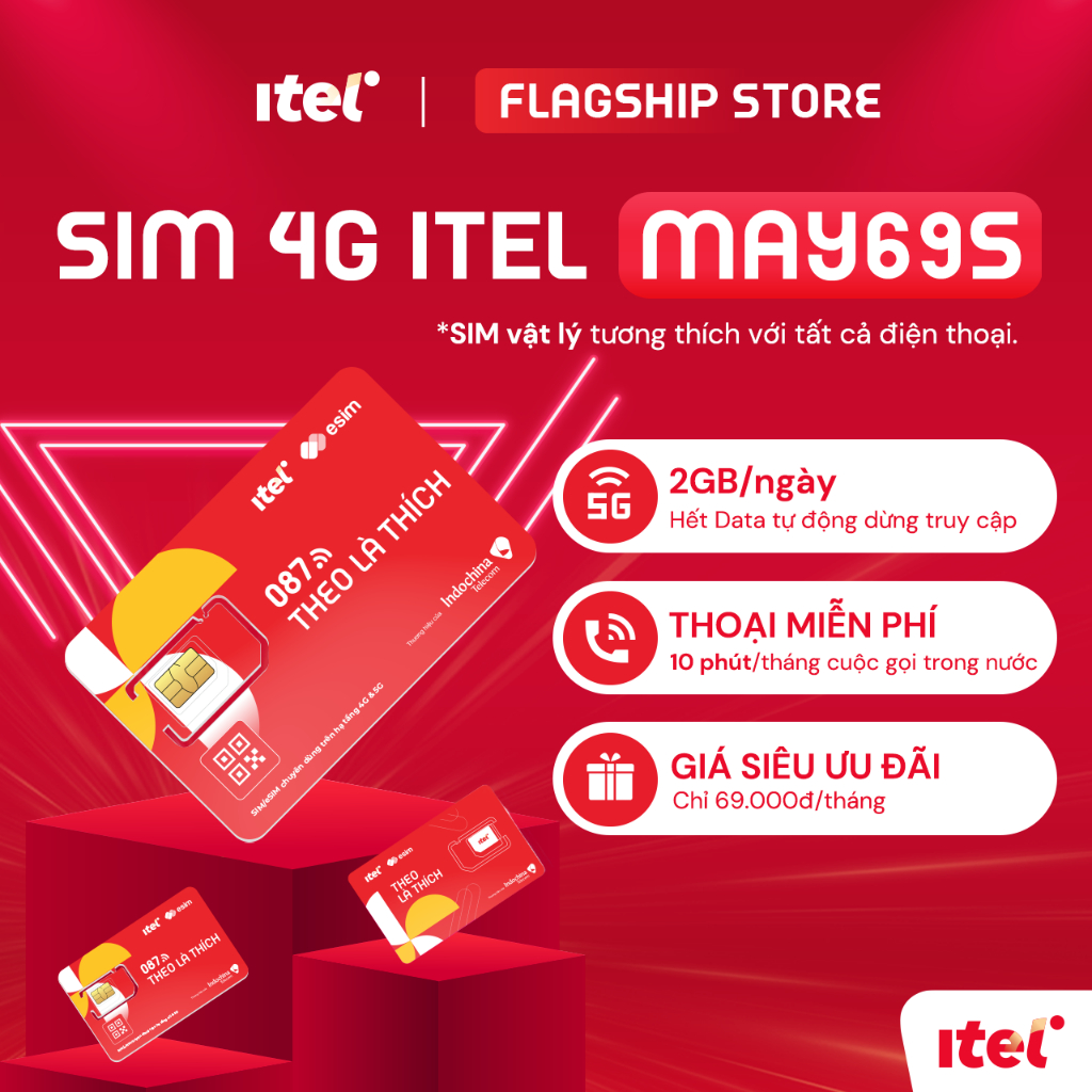 SIM 4G ITEL MAY69S Data 2GB/Ngày + 10 Phút/Tháng Gọi Trong Nước. Dùng Sóng VinaPhone. Chỉ Với 69K/Tháng