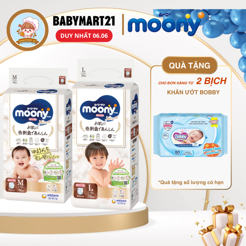 Bỉm dán, Bỉm quần Moony Natural cho bé, nhập khẩu chính hãng của Unicharm