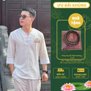  Ms65 Đồ lam đi chùa vải đũi thêu hoa sen pháp phục lễ chùa nam lễ phục đi chùa nam trẻ trung mát mẻ 