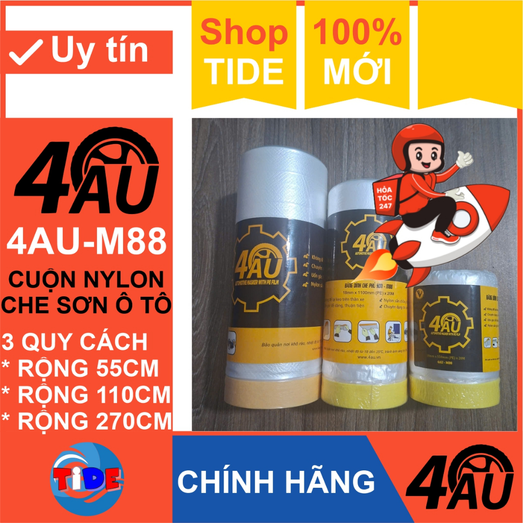 Cuộn nilon che sơn 4Au không để lại keo dùng che đồ khi sửa chữa nhà – Băng dính che sơn ô tô (M88)