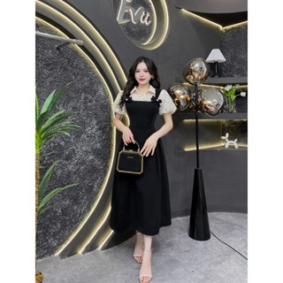 BF67 - Váy Thiết Kế Evii dành cho nữ, Đầm thiết kế cổ đức, phối ren lưới hoa nổi, nơ liền dáng A xòe dài phù hợp đi làm