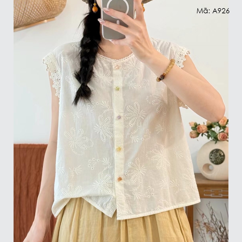 Áo sơ mi sát nách cổ tròn KAMAKA thêu ren hoa lá - A926