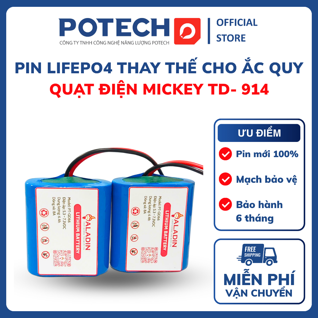 Pin LifePo4 thay thế cho ắc quy quạt tích điện Mickey TD-914 dung lượng 6000mAh dòng xả 8A