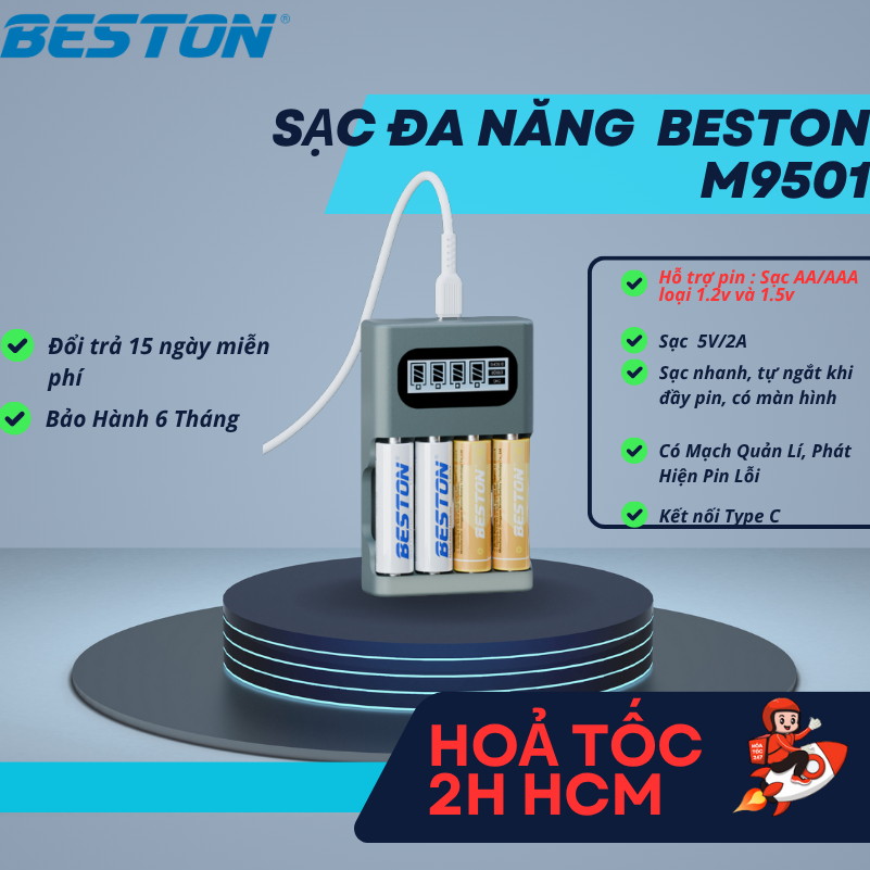 Bộ Sạc Pin BESTON M9501 sạc cả 2 loại 1.2V/1.5V AA AAA cổng sạc USB-C Sạc nhanh Tự ngắt Màn hình LCD
