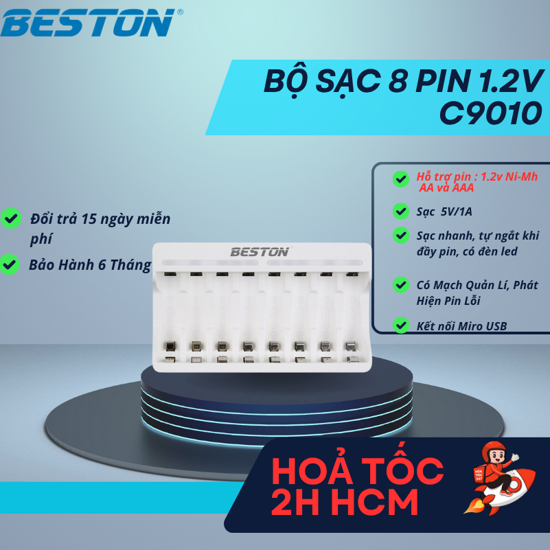 Bộ Sạc 8 pin AA AAA Beston C9010 cho pin sạc 1.2V, có tính năng sạc nhanh, đèn báo thông minh