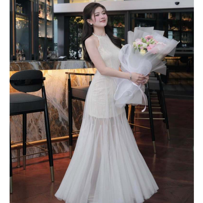 Đầm dự tiệc cổ yếm ren hoa phối lưới dáng xoè dài