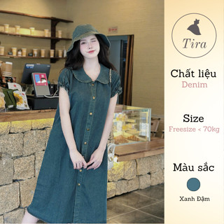 Đầm bầu TIRA MAMA VB410 Đồ bầu Váy jean bầu váy bò bầu nữ bigsize cổ sen nhún sát nách mặc hè xinh