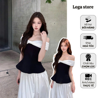  Set áo peplum trễ vai đen trắng kèm chân váy bồng xoè dáng dài phong cách tiểu thư thanh lịch Logastore_L69 