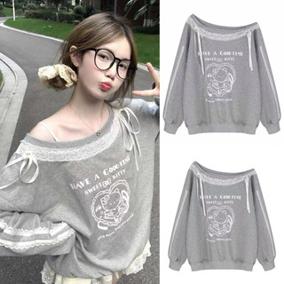  Áo Swetter Lệch Vai In Kitty Phối Ren Đính Nơ Nữ. Swetter Chất Nỉ 2 Da Form Rộng Phong cách Hàn Quốc 