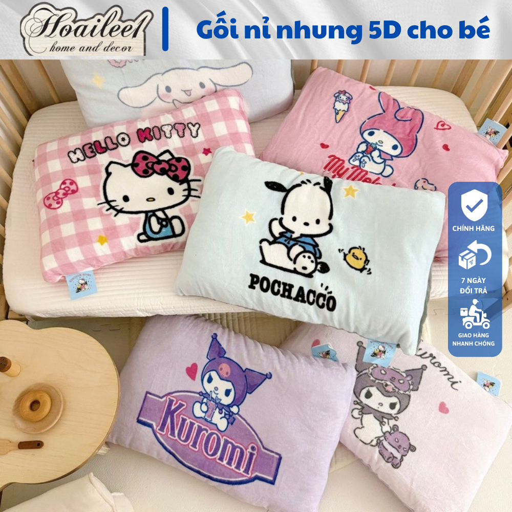 Gối nỉ nhung 5D cho bé đi học gối trẻ em từ 1 đến 10 tuổi vải nỉ nhung siêu mềm mịn họa tiết kuromi 