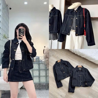 Áo Khoác Jeans Nữ Viền Chỉ Nổi Basic Màu Xanh Than Dáng Lỡ Form Rộng Phong Cách Cá Tính