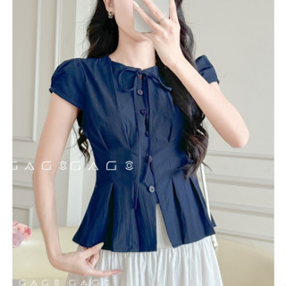 Áo Kiểu Nữ Chiết Eo GAGO BRAND Tôn Dáng Cổ Tròn Tay Ngắn Thiết Kế Có Nơ Trước Ngực