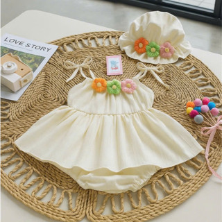 Body Chip Váy Hai Dây Màu Vàng Kem Đính 3 Bông Hoa Kèm Mũ 3-12 Kg,Bé Gái Sơ Sinh Đầy Tháng Thôi Nôi