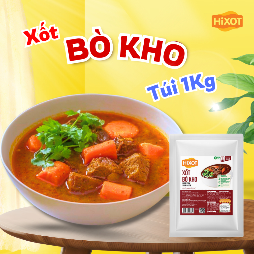 Sốt Gia Vị Bò Kho/ Bò Xốt Vang HiXOT TÚI 1KG, KÊNH HORECA, gia vị hoàn chỉnh, nấu 35-40 tô