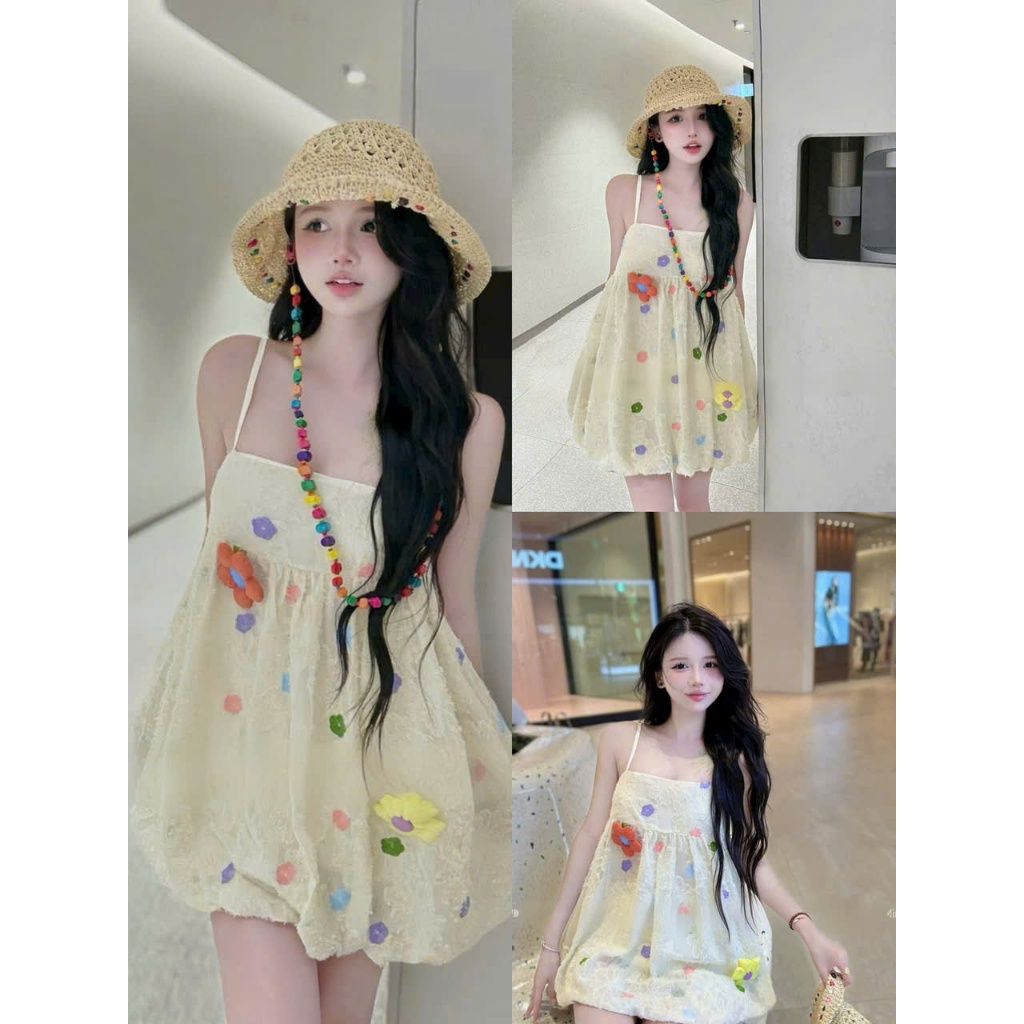  Đầm babydoll thời trang nữ chất long cúc 2 dây họa tiết in hoa xinh kèm lót quần tinh tế dáng ngắn xòe 