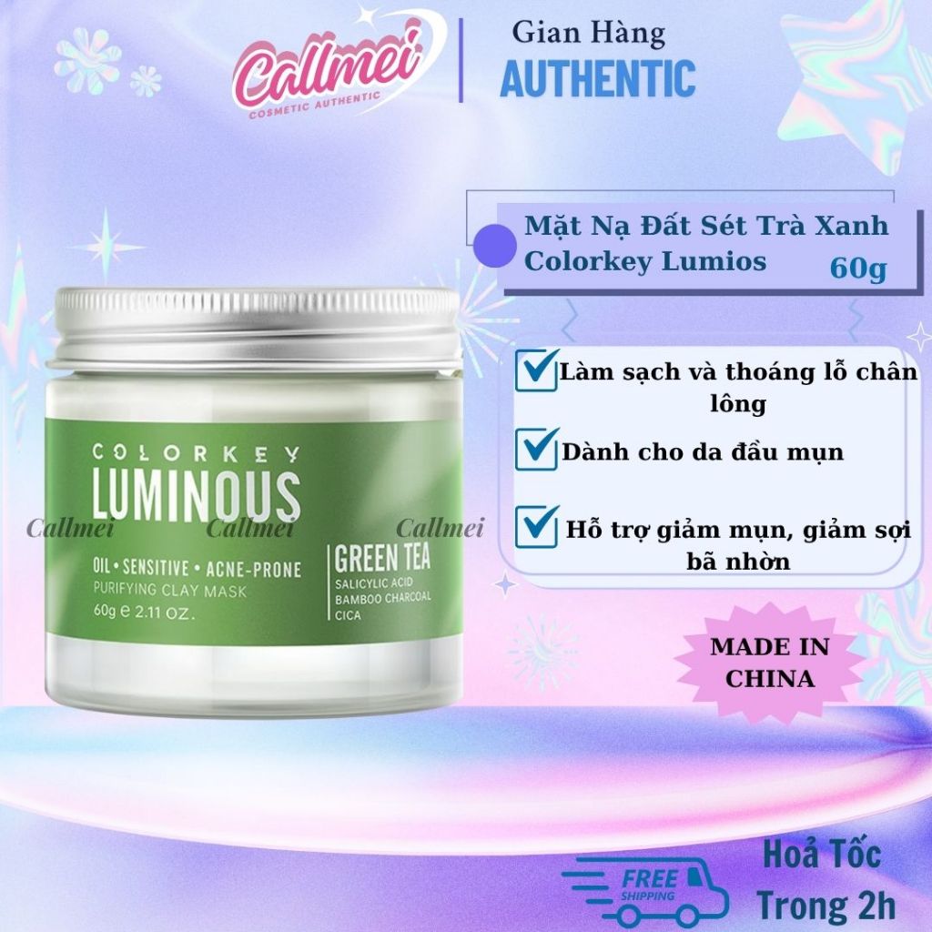 [Xanh] Mặt Nạ Đất Sét Hỗ Trợ Làm Sạch, Giảm Mụn Colorkey Luminous Purifying Clay Mask Green Tea 60g