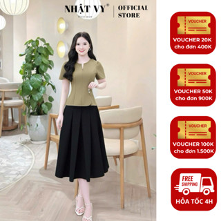 Áo công sở Nhật Vy (KHÔNG KÈM VÁY) cổ tròn đính cúc xẻ tà chất lụa phù hợp đi chơi - D3397