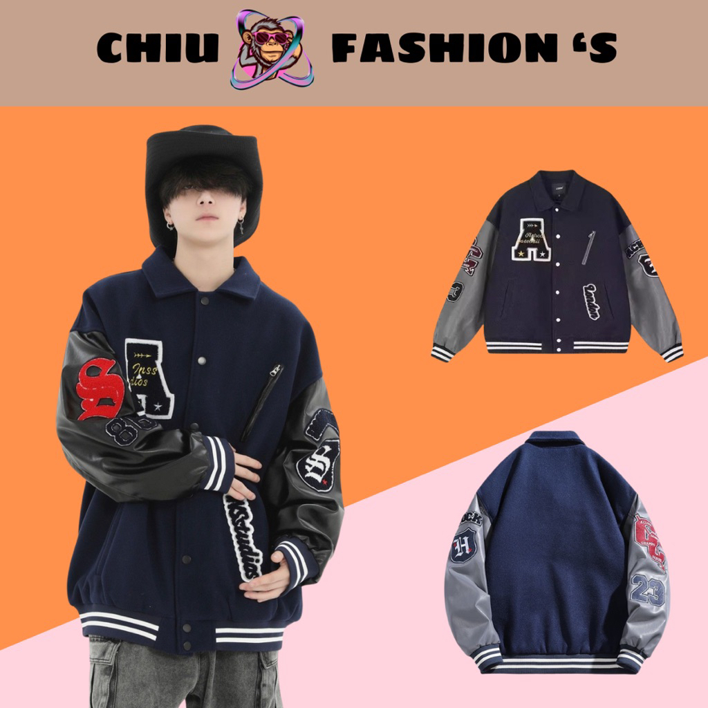áo khoác varsity áo bomber màu đen chữ A chất dạ dày dặn phối tay da cao cấp áo khoác bóng chày chất
