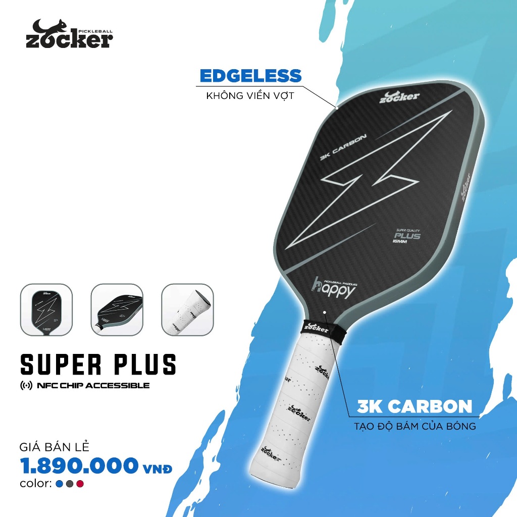 Vợt Pickleball Zocker Happy HP02 Plus GEN 2 chính hãng nguyên hộp cao cấp siêu nhẹ Carbon 3K 16mm