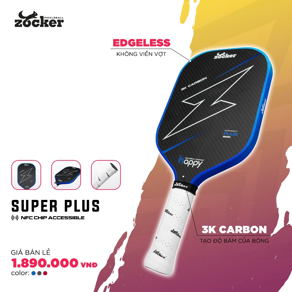 Vợt Pickleball Happy HP02 Plus GEN 2 mới công nghệ Ép nhiệt Chip NFC Edgeless không viền đẹp cao cấp