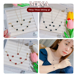  Bộ trang sức cỏ 4 lá mini 0.8mm MINA có màu bạc và vàng mặt dây chuyền lắc tay cỏ bốn lá may mắn thép titan không gỉ 