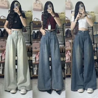 Quần jeans xanh bạc ánh rêu QC ống rộng xếp ly tôn dáng Maia