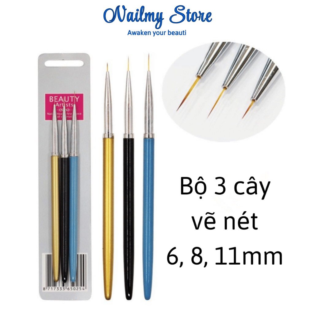 Cọ nét vẽ nail, cọ vẽ móng tay cơ bản (bộ 3 cọ) tập vẽ nail