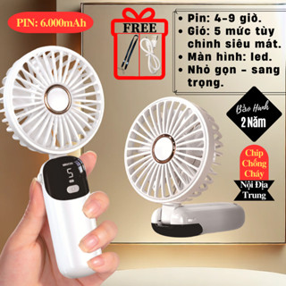 (Bản Cao Cấp) Quạt cầm tay quạt tích điện mini pin 6000mAh sử dụng đến 9 giờ gấp gọn để bàn mang đi tiện lợi - HK.5