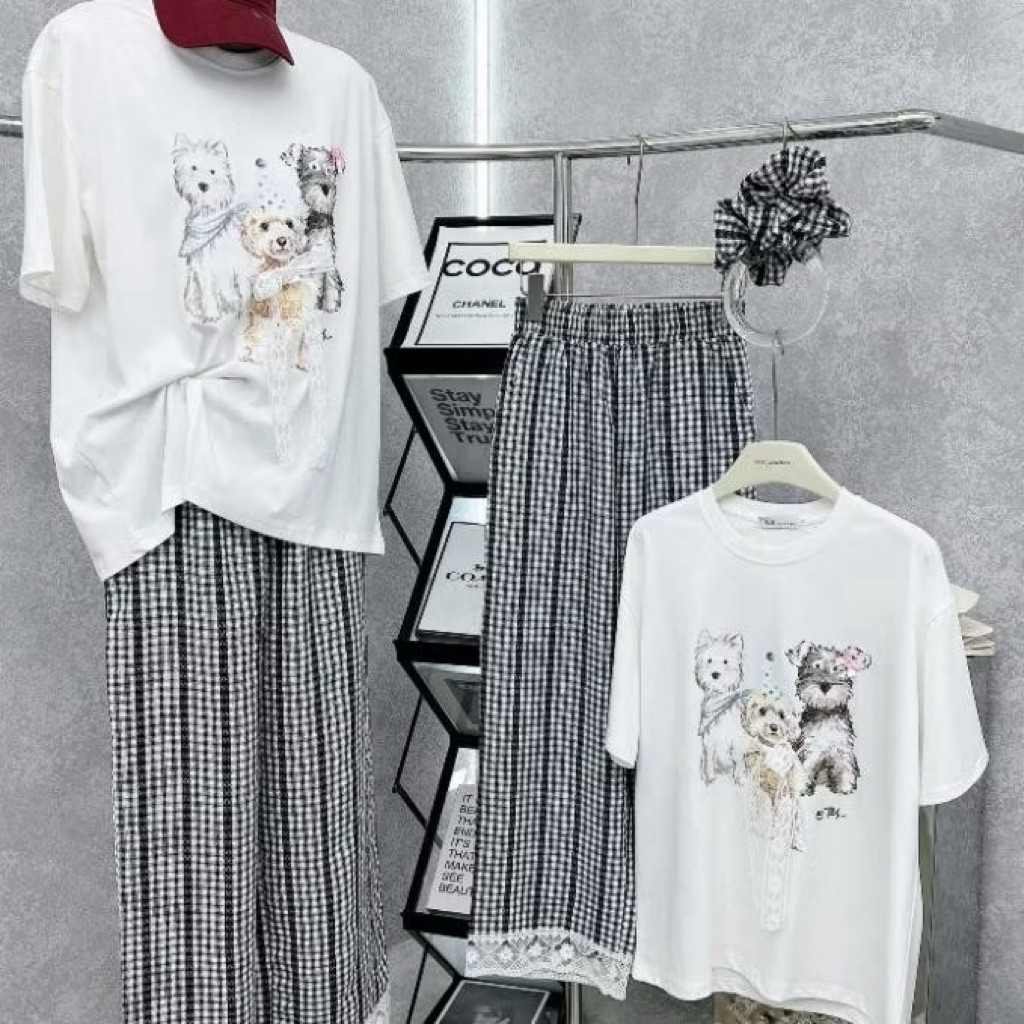Set Bộ Cún Đính Nơ Quần Đũi Suông Phối Viền Ren - HN closet