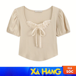   SALE  Áo coquette tay ngắn cổ tròn đính nơ dáng croptop style brandy hàn quốc chất thun tăm CRT4 DELIZ 