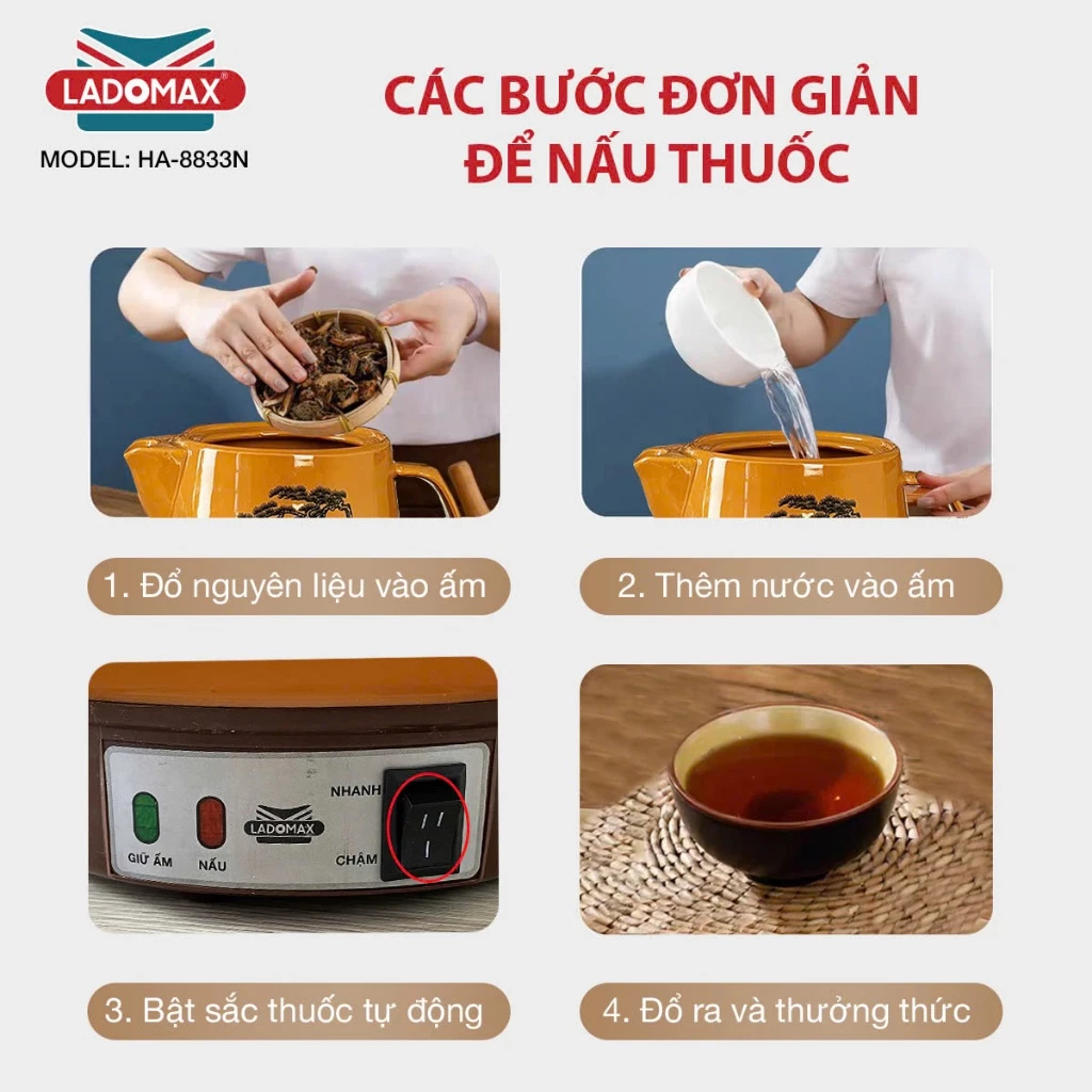 Ấm Sắc Thuốc LADOMAX HA- 8833N 3,3L Mâm Nhiệt Inox Giữ Ấm 2 Chế Độ Nấu Tự Ngắt BH12 Tháng | BigBuy360 - bigbuy360.vn