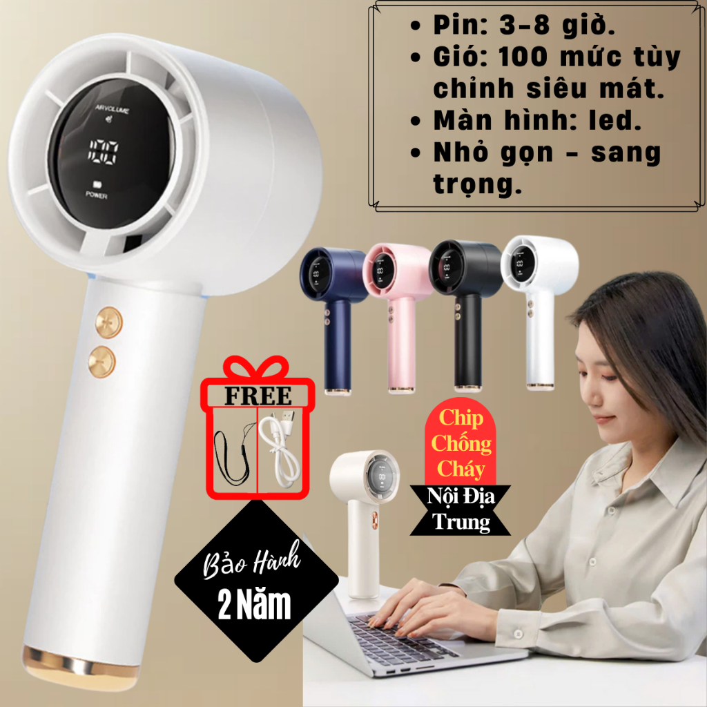 (Bản Cao Cấp) Quạt cầm tay 100 cấp độ gió, Quạt tích điện pin cao 5000 MAH hiển thị đèn led, sử dụng lâu, gió mạnh Hk68
