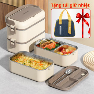Bộ hộp cơm giữ nhiệt 2-3 tầng inox 304 cao cấp, tặng kèm túi giữ nhiệt và thìa đũa
