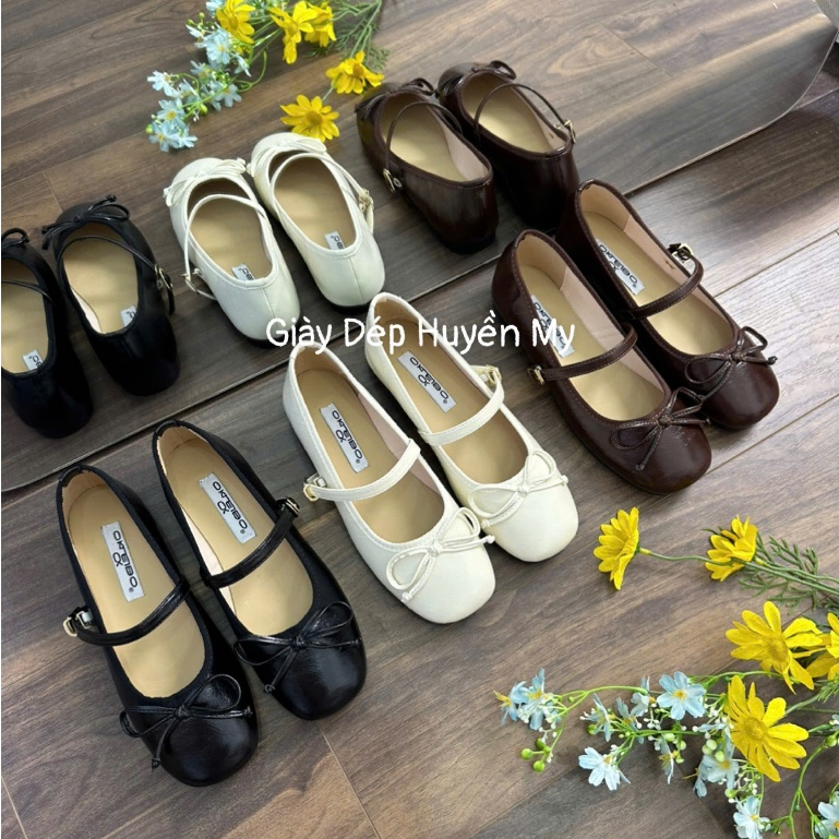 Giày Búp Bê Nữ Phối Nơ Khuy Cạnh Mũi Tròn Hàng Cao Cấp Full Hộp (AH002)