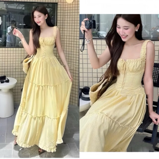 [Hàng Sẵn]: Váy Maxi 2 Dây Form Xòe Hàng 2 Lớp Chun Nhúm Ngực, Chất Xốp Kẻ Mềm Nhẹ Thiết Kế Viền Bèo Điệu Đà Tiểu Thư