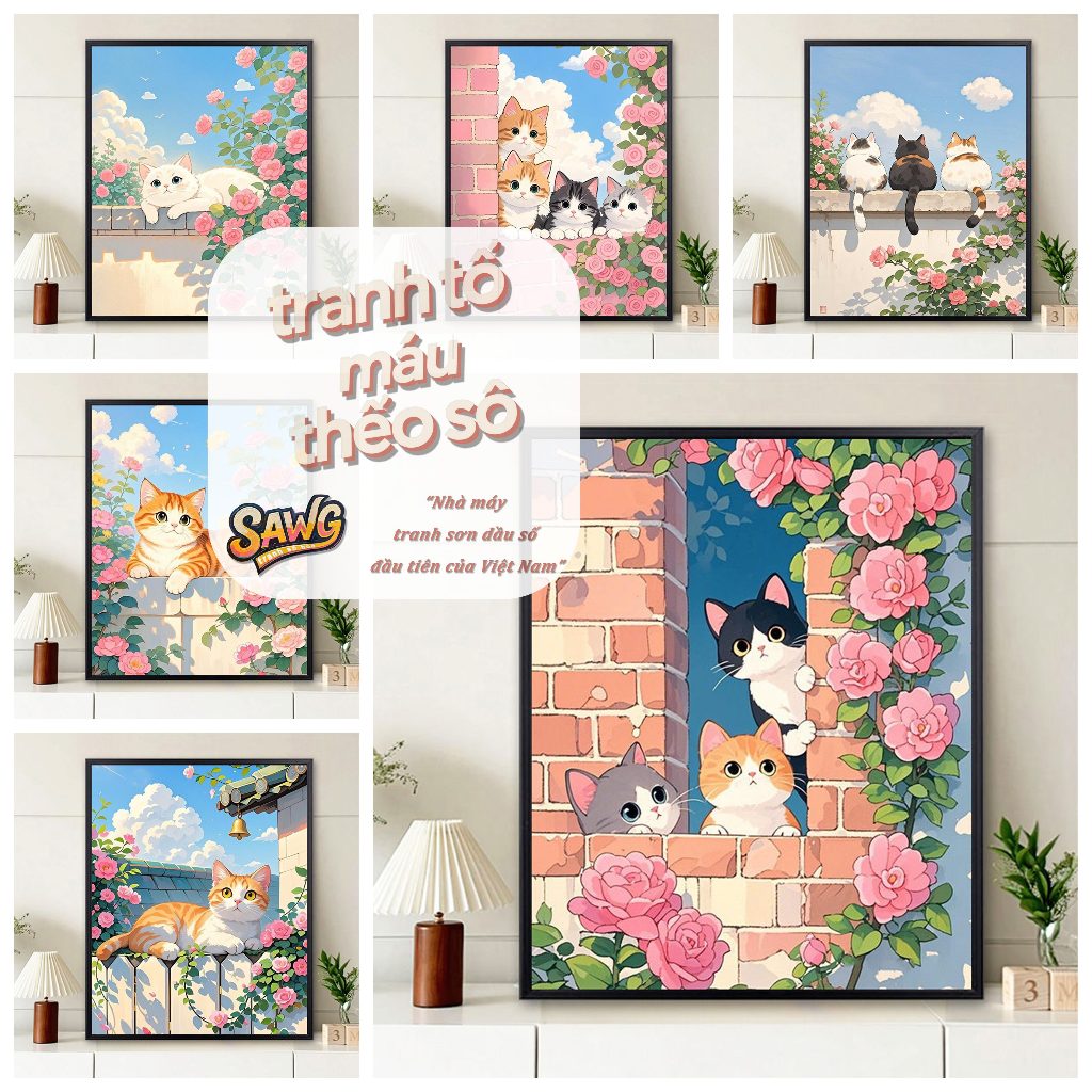 Sawg-căng khung-40*50-tranh tô màu theo số -Con mèo bậu cửa sổ-tranh số hoá-tranh tô màu số hoá -tô 