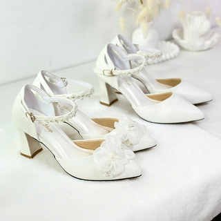  Giày Cao Gót Bít Mũi Form Nhỏ Đế Trụ Cao 8 Phân Có Quai Cài Đính Hạt Châu Nữ  Shoes 