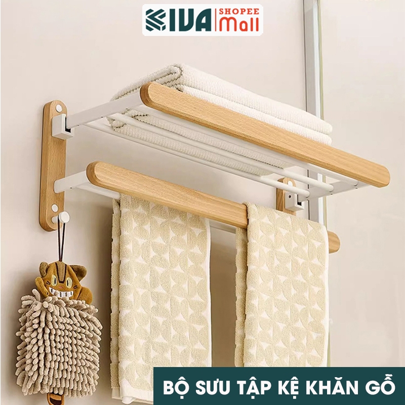 Giá treo khăn, treo đồ nhà tắm KIVA, chất liệu gỗ sồi, óc chó, lắp đặt dán hoặc khoan tường.