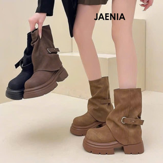 Giày bốt nữ nâu đen đế dày cao gót 4cm da trơn cao cấp phong cách đơn giản cá tính