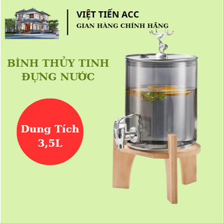  Bình đựng nước thủy tinhFREE SHIPBình đựng trà chịu nhiệt có vòi dung tích 3,5l-Bình thủy tinh kèm đế gỗ siêu xinh 