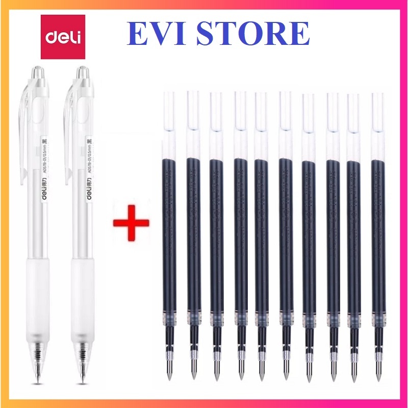 COMBO 2 bút gel nước Deli A057 + 10 ruột S206 mực đen / Set 2 bút + 10 ruột Deli A057