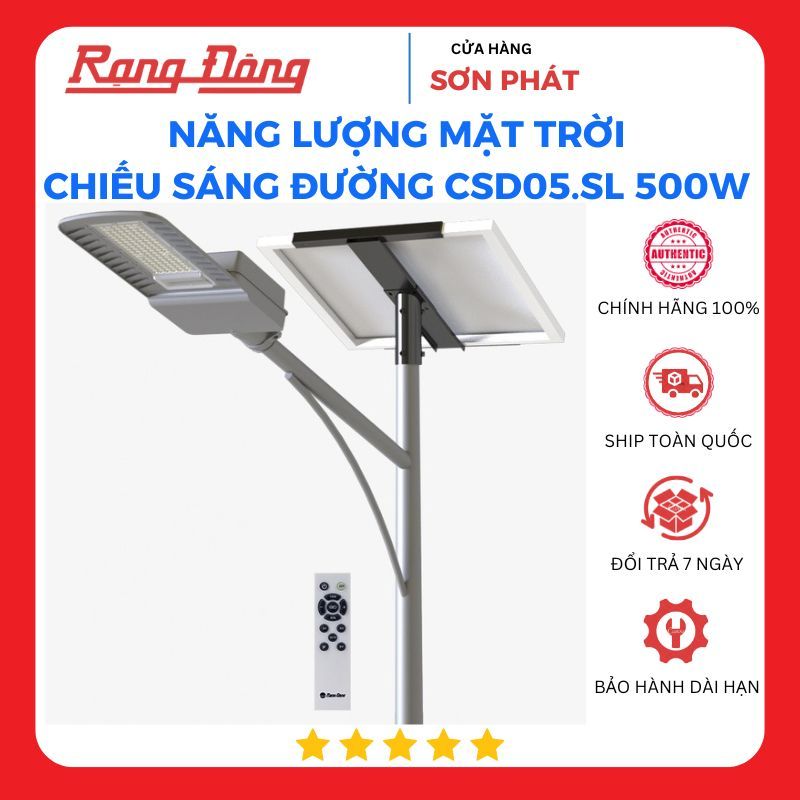 Đèn đường năng lượng mặt trời Rạng Đông 500W, vỏ nhôm đúc, lắp đặt ngoài trời,BH 2 năm, Model: CSD05